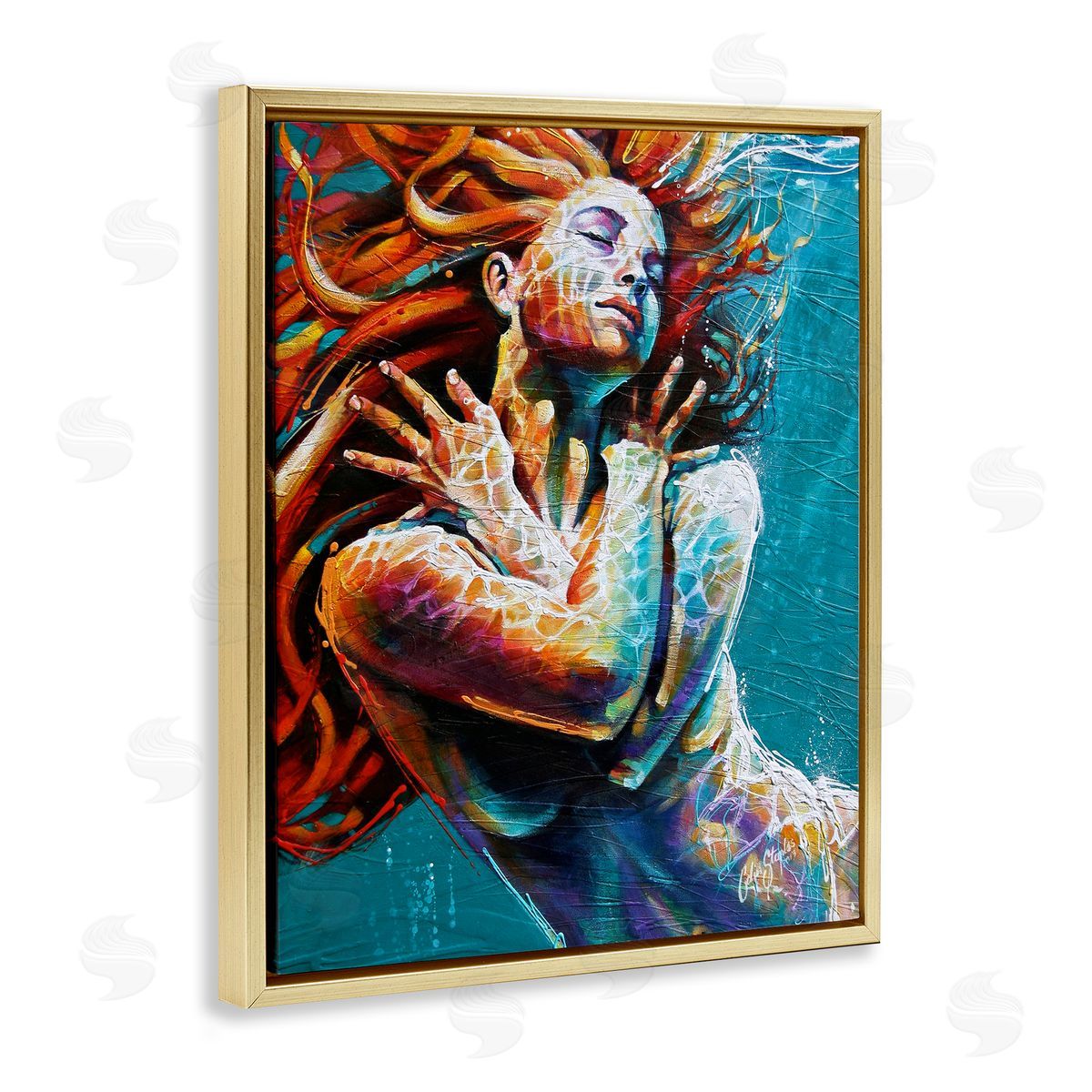 Colin John Staples Beautiful Vivid Woman Underwater Swimming Flowing Hair Gold Floating Frame Canvas Wall Art Print