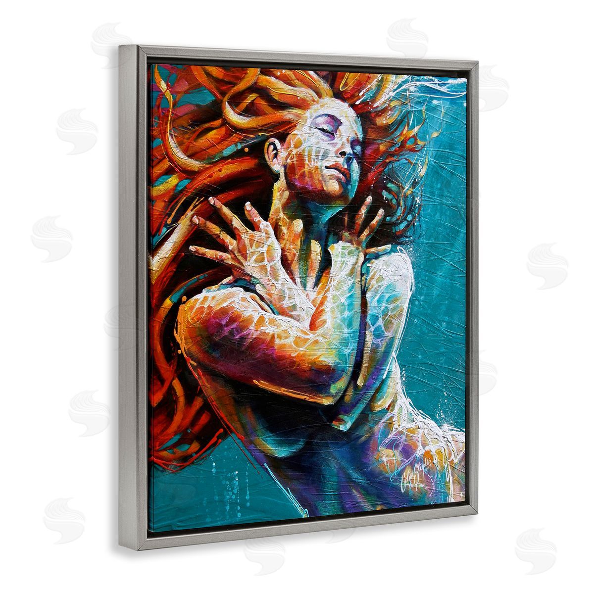 Colin John Staples Beautiful Vivid Woman Underwater Swimming Flowing Hair Gray Floating Frame Canvas Wall Art Print