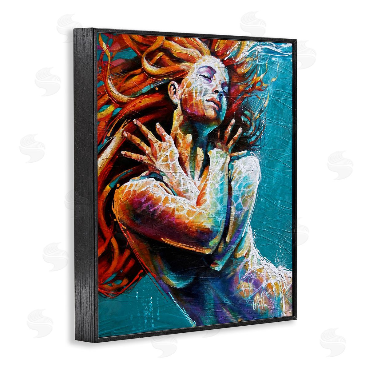 Colin John Staples Beautiful Vivid Woman Underwater Swimming Flowing Hair Black Framed Giclee Wall Art Print