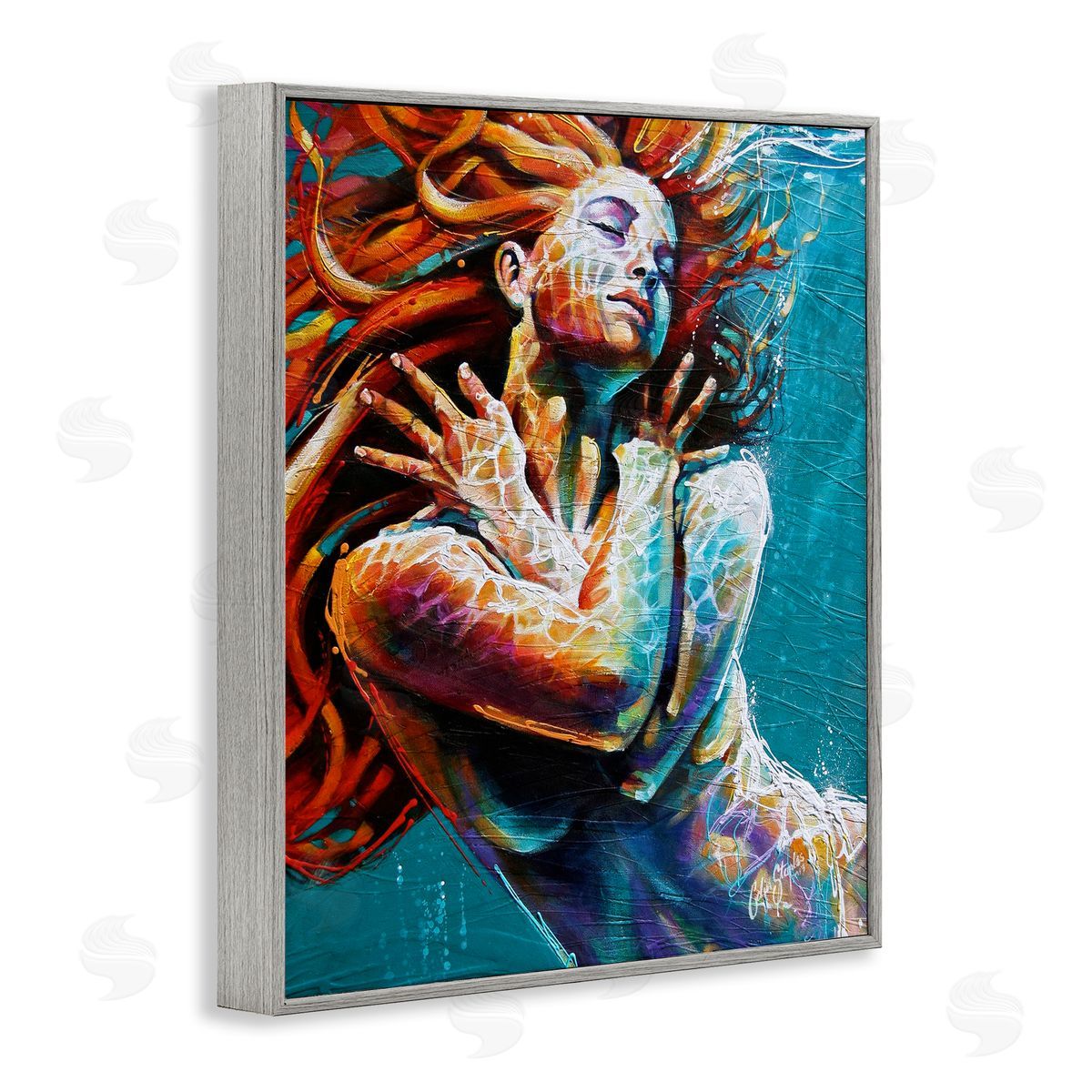 Colin John Staples Beautiful Vivid Woman Underwater Swimming Flowing Hair Gray Framed Giclee Wall Art Print