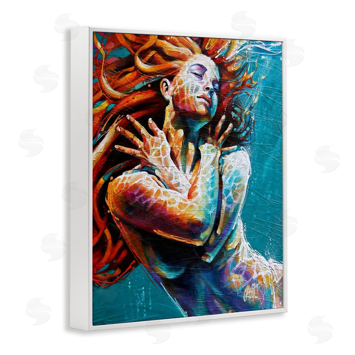 Colin John Staples Beautiful Vivid Woman Underwater Swimming Flowing Hair White Framed Giclee Wall Art Print