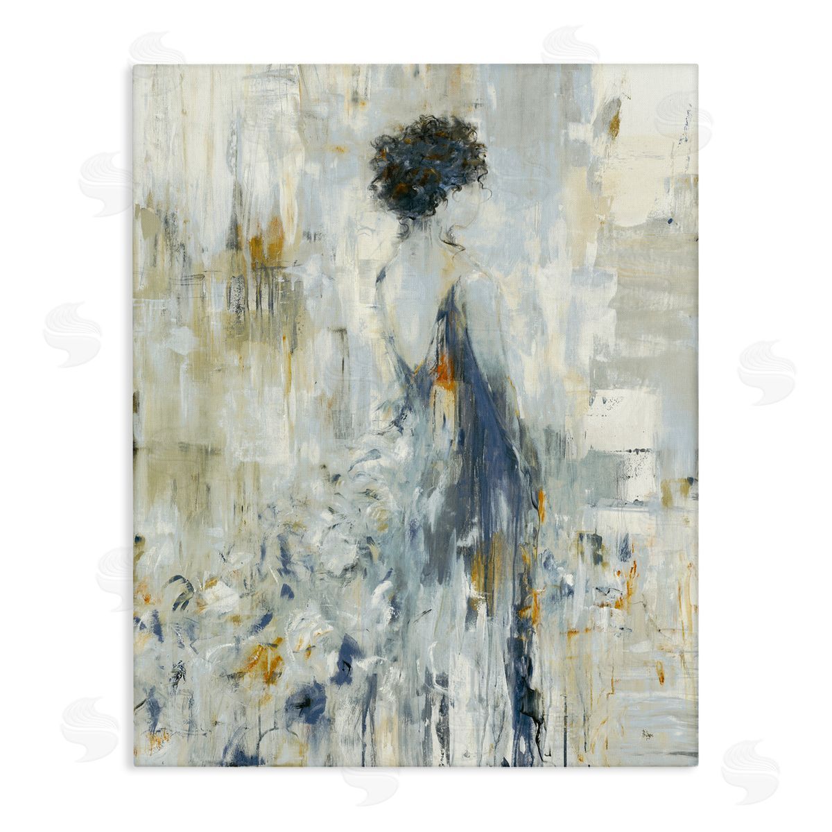 Lisa Ridgers Abstract Woman Blue Dress Gown Blocked Brushstrokes  Stretched Canvas Wall Art Print