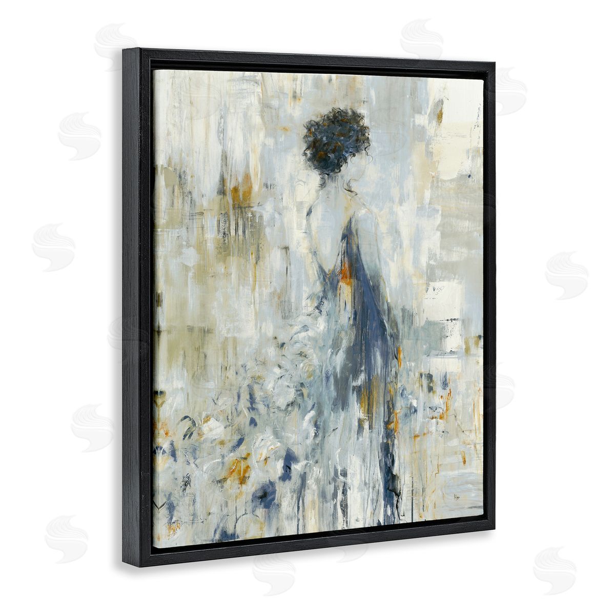 Lisa Ridgers Abstract Woman Blue Dress Gown Blocked Brushstrokes  Black Floating Frame Canvas Wall Art Print