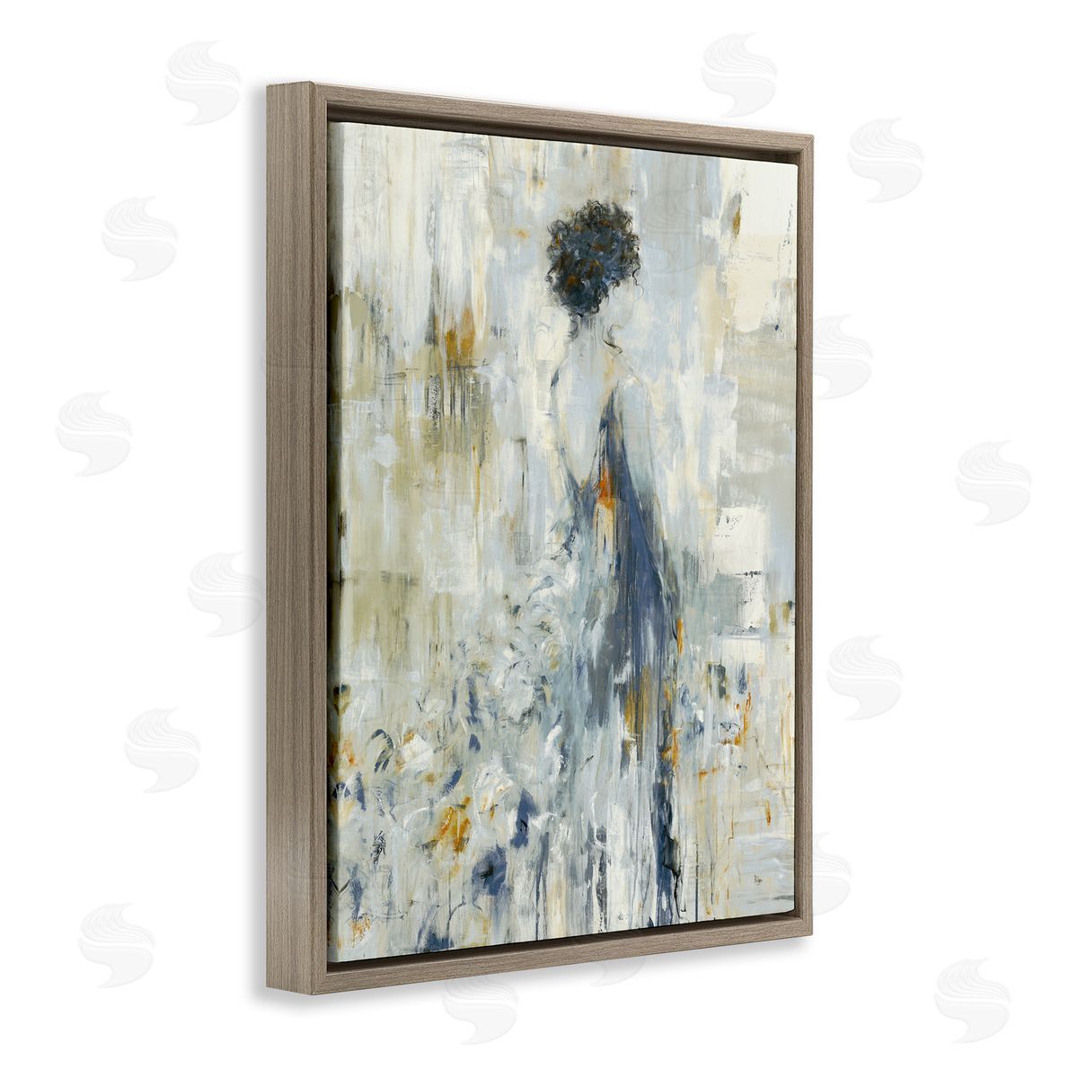 Lisa Ridgers Abstract Woman Blue Dress Gown Blocked Brushstrokes  Brown Floating Frame Canvas Wall Art Print