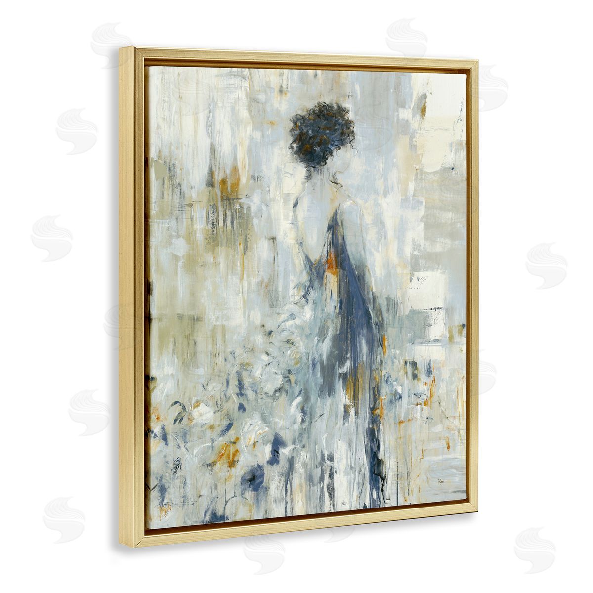 Lisa Ridgers Abstract Woman Blue Dress Gown Blocked Brushstrokes  Gold Floating Frame Canvas Wall Art Print
