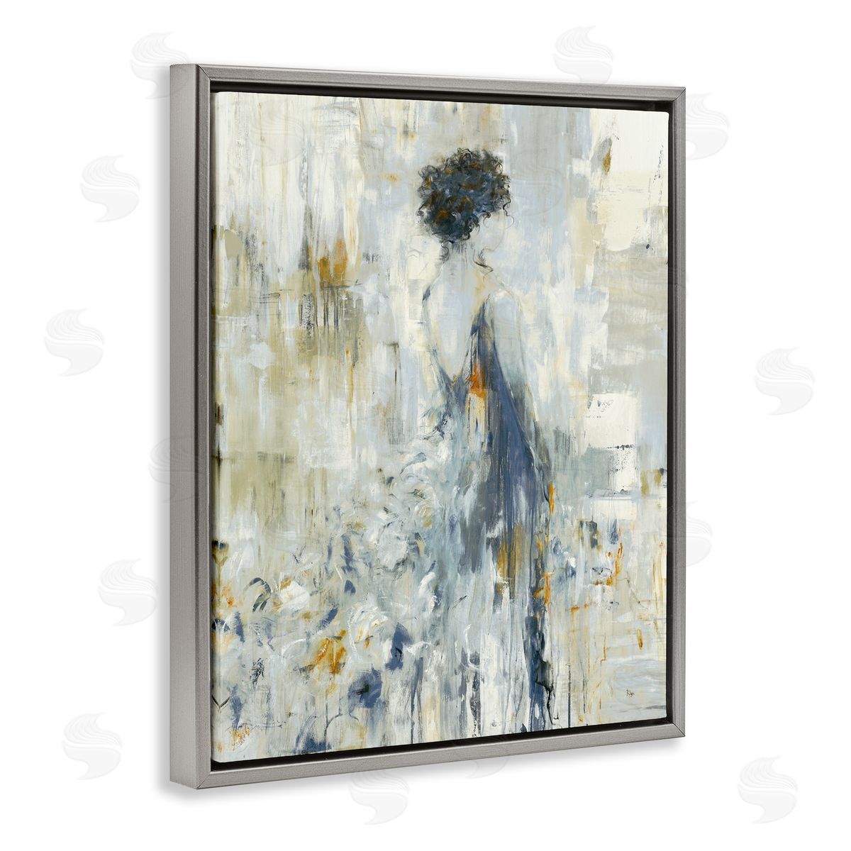 Lisa Ridgers Abstract Woman Blue Dress Gown Blocked Brushstrokes  Gray Floating Frame Canvas Wall Art Print