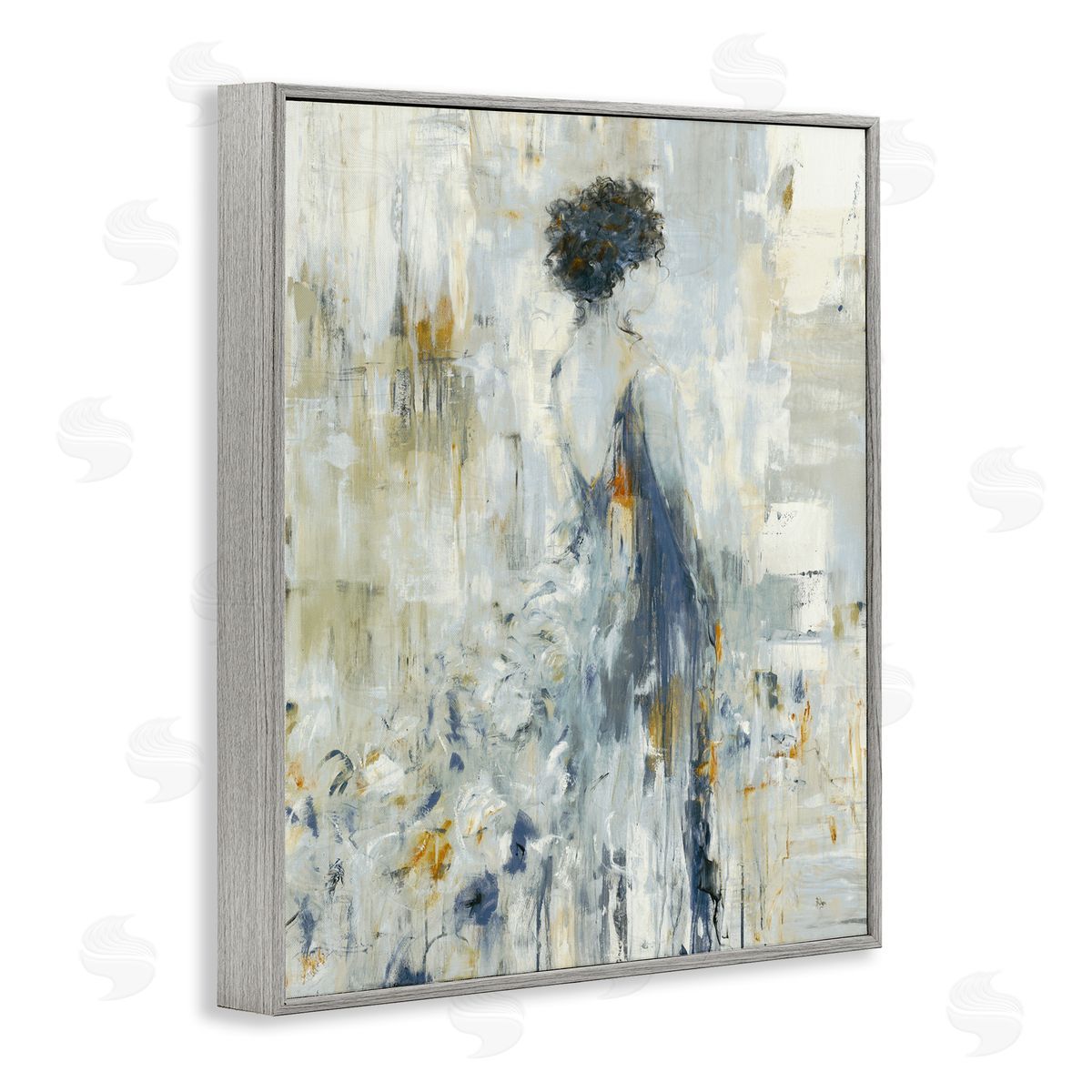 Lisa Ridgers Abstract Woman Blue Dress Gown Blocked Brushstrokes  Gray Framed Giclee Wall Art Print