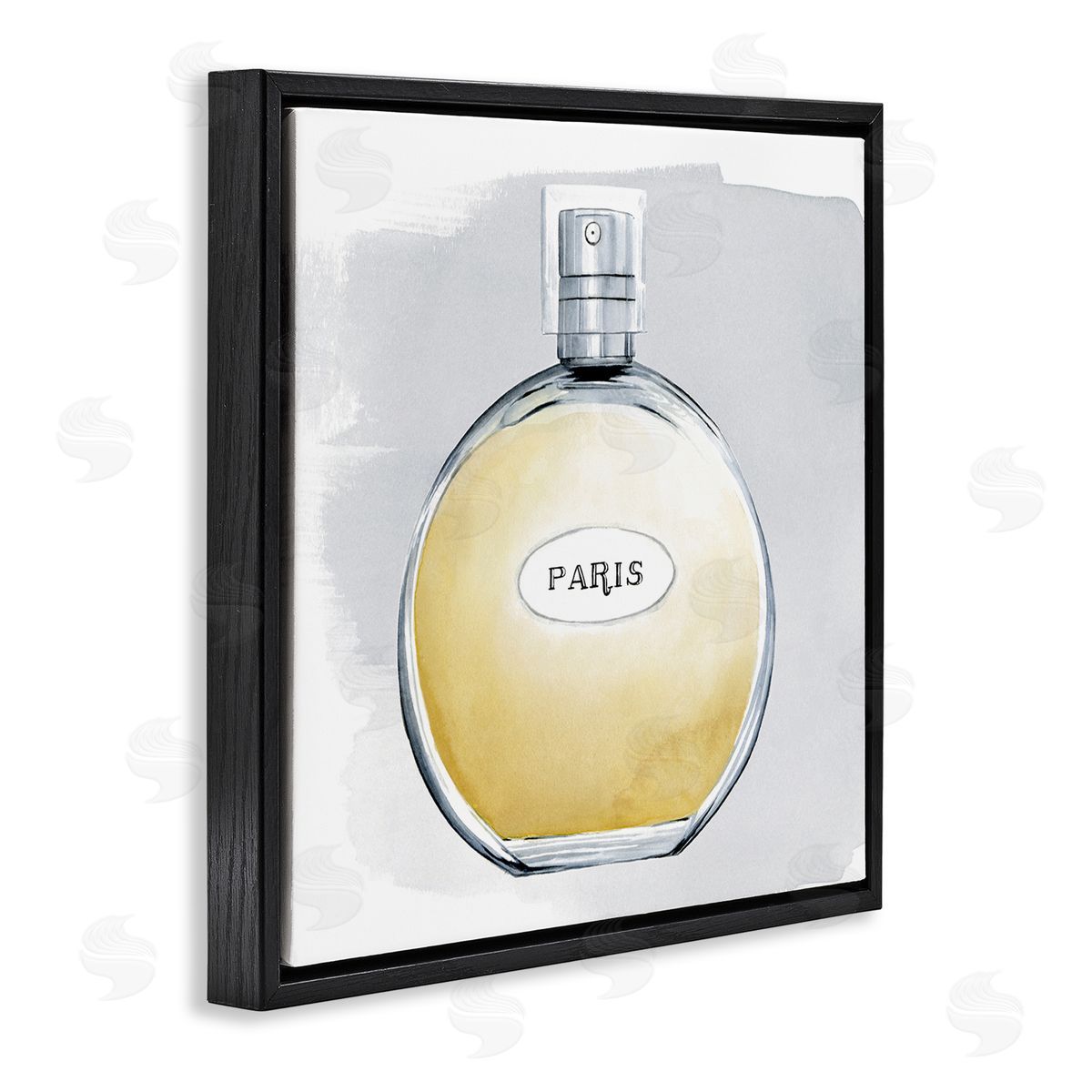 Grace Popp Paris Glam Designer Yellow Perfume Bottle Watercolor Black Floating Frame Canvas Wall Art Print