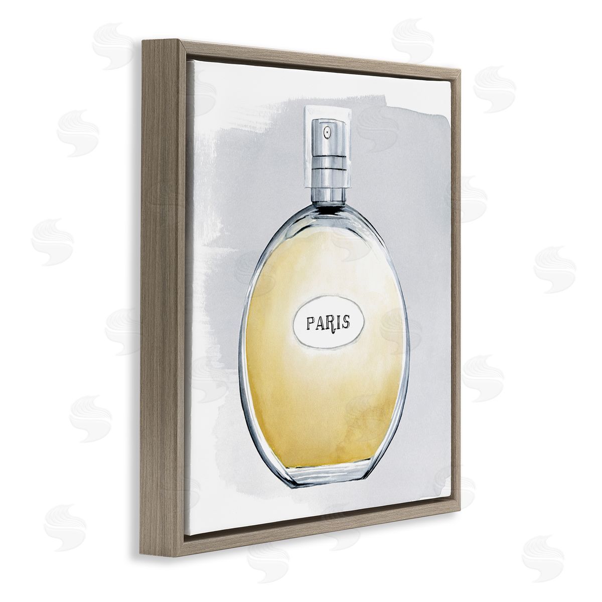 Grace Popp Paris Glam Designer Yellow Perfume Bottle Watercolor Brown Floating Frame Canvas Wall Art Print