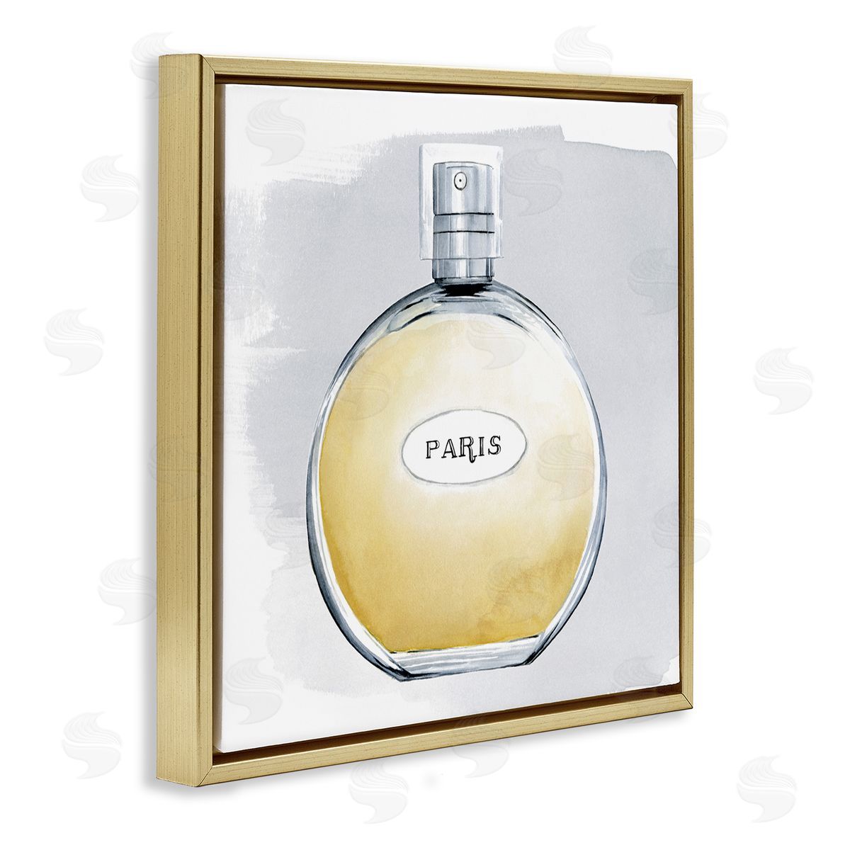 Grace Popp Paris Glam Designer Yellow Perfume Bottle Watercolor Gold Floating Frame Canvas Wall Art Print