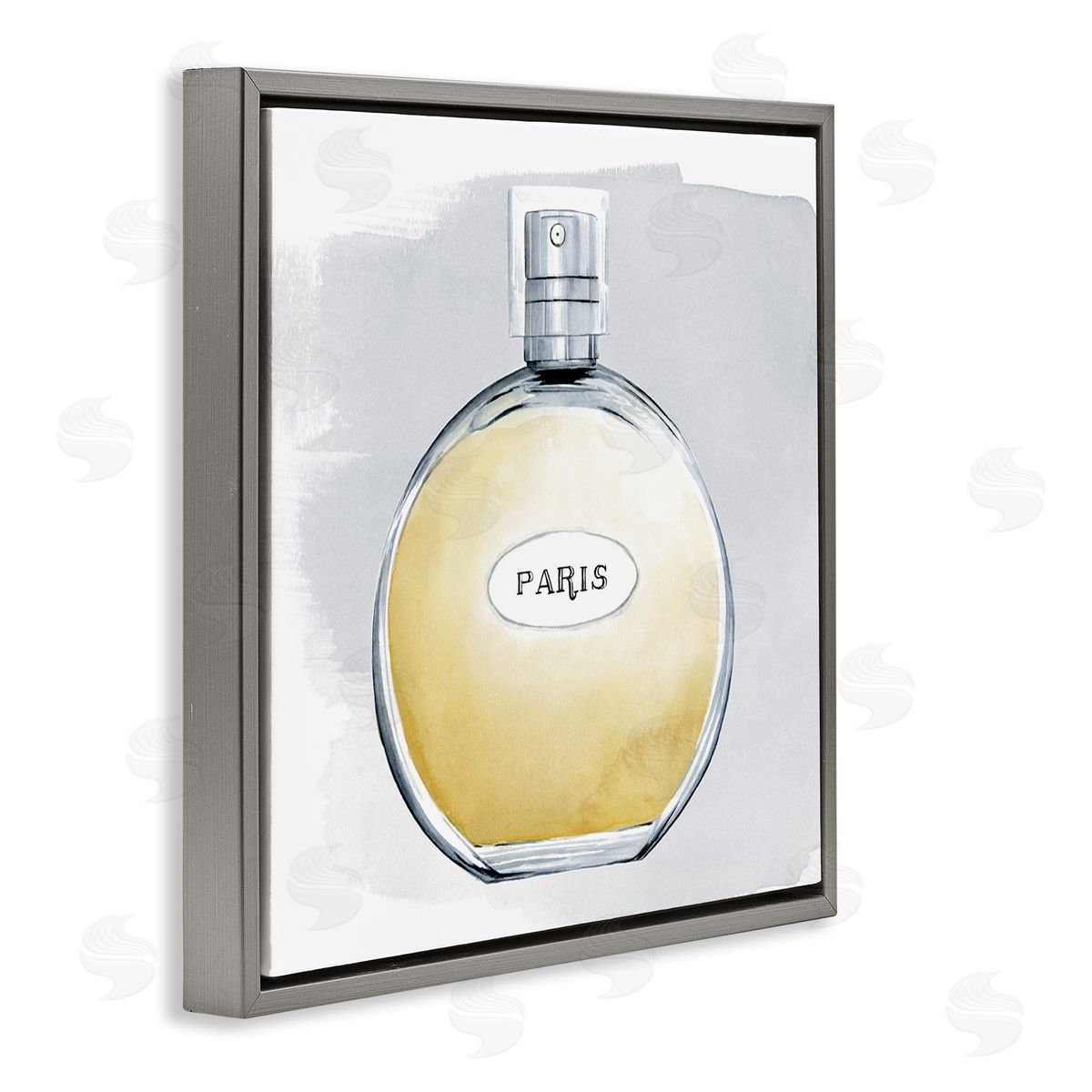Grace Popp Paris Glam Designer Yellow Perfume Bottle Watercolor Gray Floating Frame Canvas Wall Art Print