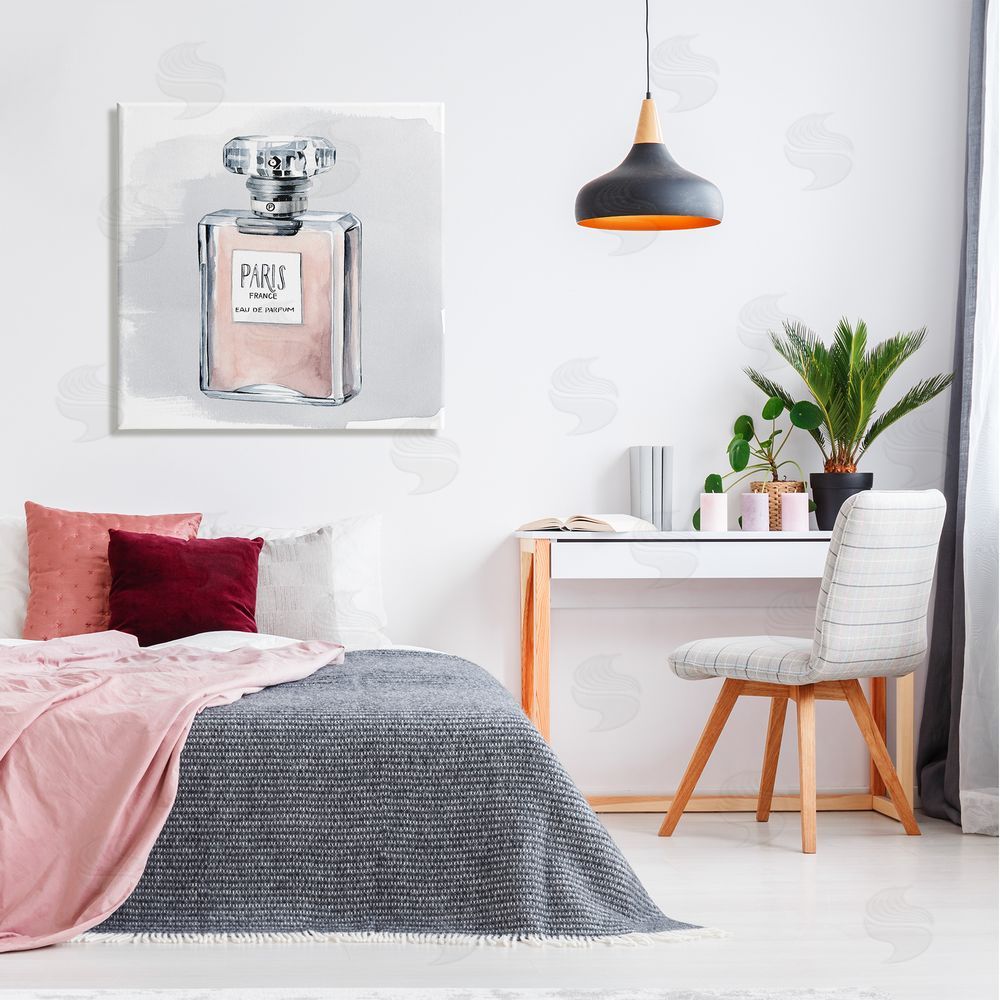 Grace Popp Glam Perfume Bottle Pink Paris Watercolor Detail Canvas Wall Art in Room