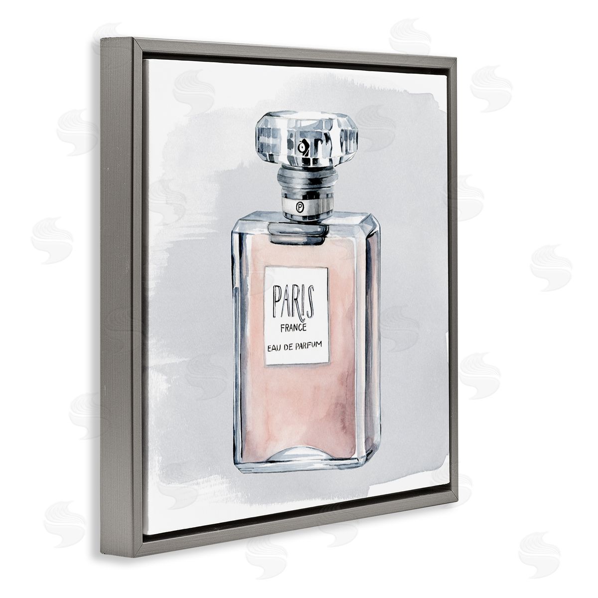Grace Popp Glam Perfume Bottle Pink Paris Watercolor Detail Gray Floating Frame Canvas Wall Art Print