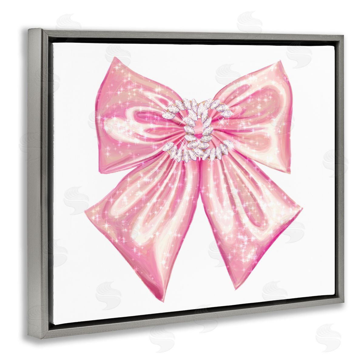 Ziwei Li Glam Diamond Glimmer Pink Fashion Bow  Gray Floating Frame Canvas Wall Art Print