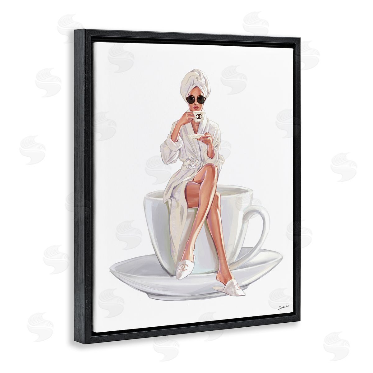 Ziwei Li Chic Woman Robe Coffee Cuper Logo Sunglasses  Black Floating Frame Canvas Wall Art Print