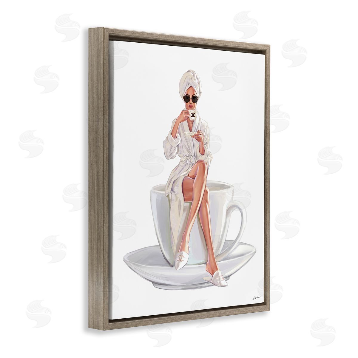 Ziwei Li Chic Woman Robe Coffee Cuper Logo Sunglasses  Brown Floating Frame Canvas Wall Art Print