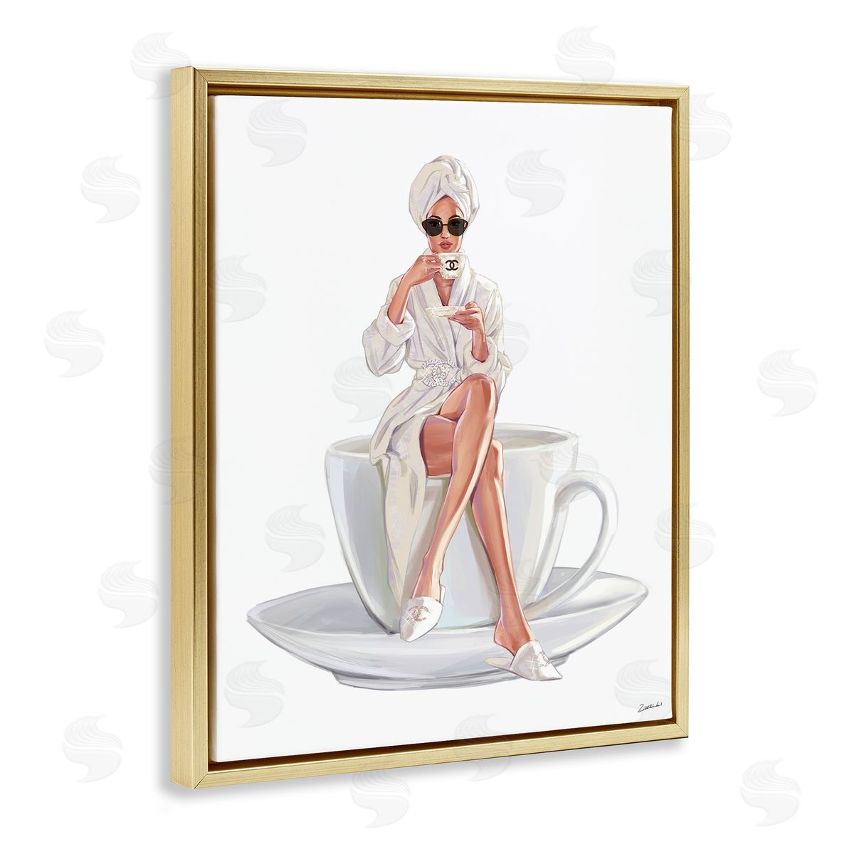 Ziwei Li Chic Woman Robe Coffee Cuper Logo Sunglasses  Gold Floating Frame Canvas Wall Art Print