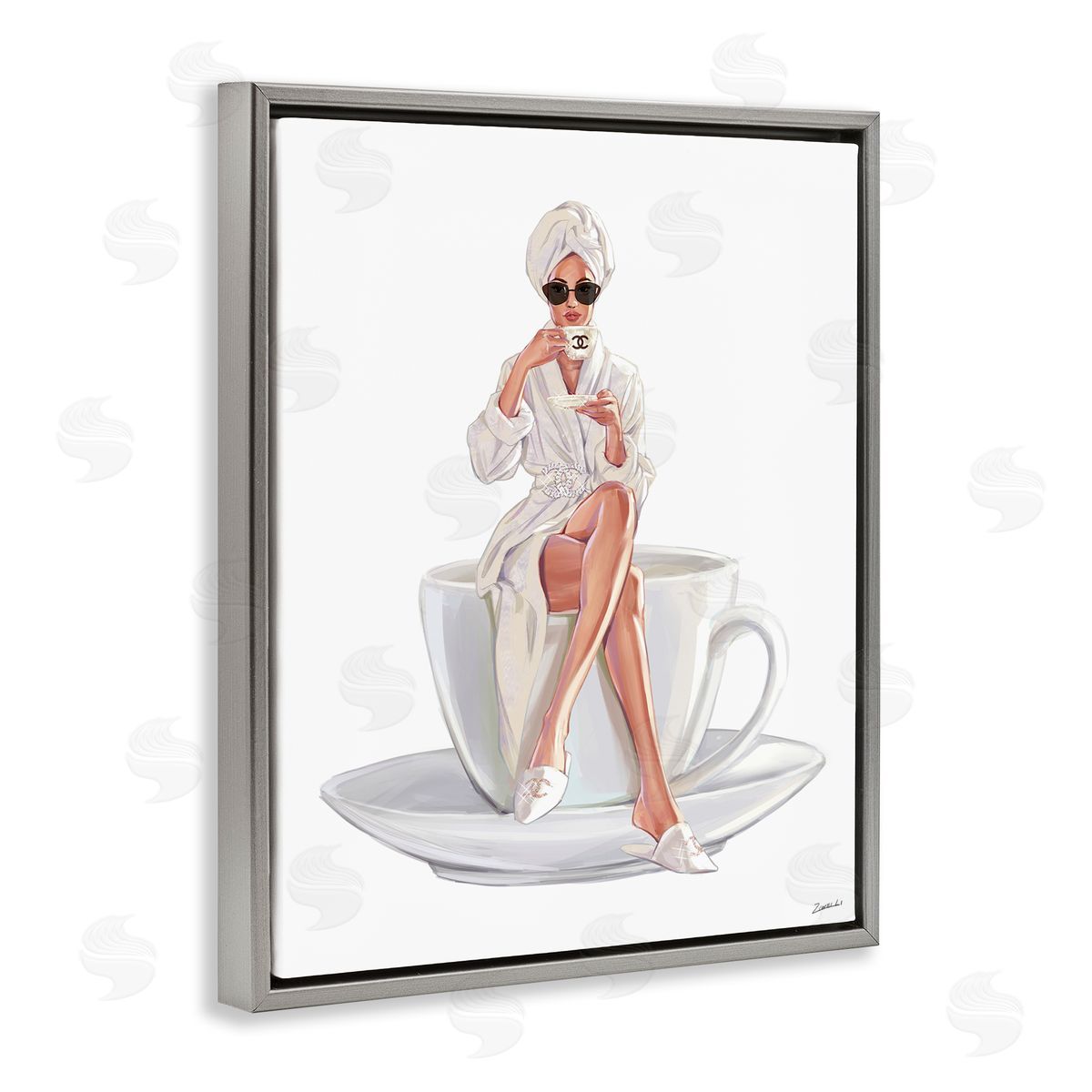 Ziwei Li Chic Woman Robe Coffee Cuper Logo Sunglasses  Gray Floating Frame Canvas Wall Art Print