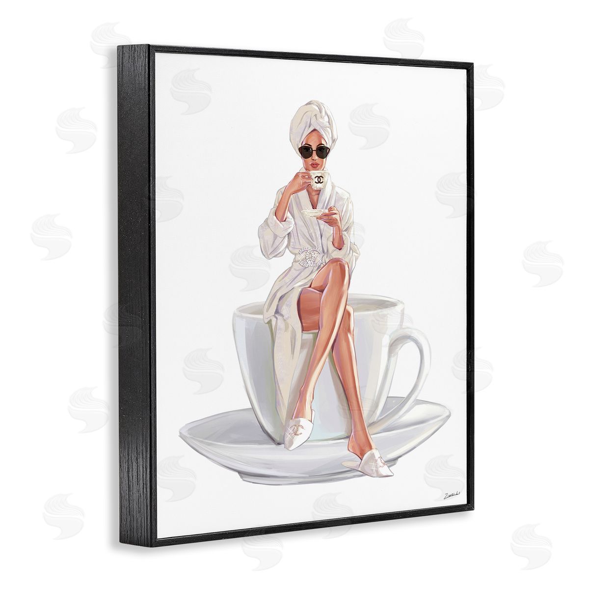 Ziwei Li Chic Woman Robe Coffee Cuper Logo Sunglasses  Black Framed Giclee Wall Art Print