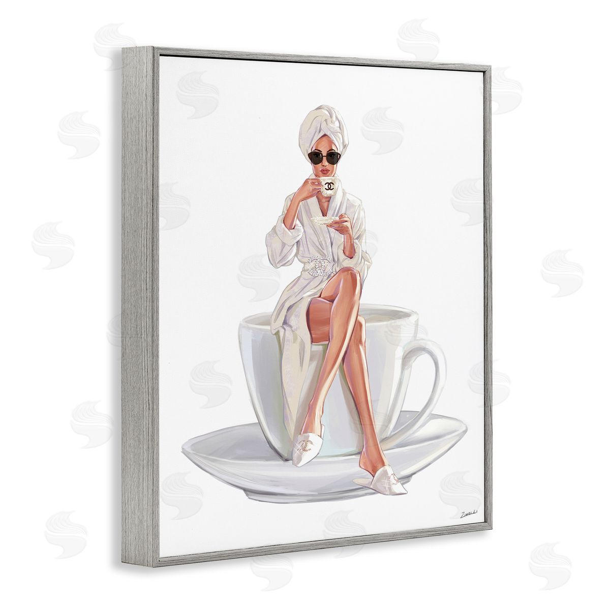 Ziwei Li Chic Woman Robe Coffee Cuper Logo Sunglasses  Gray Framed Giclee Wall Art Print