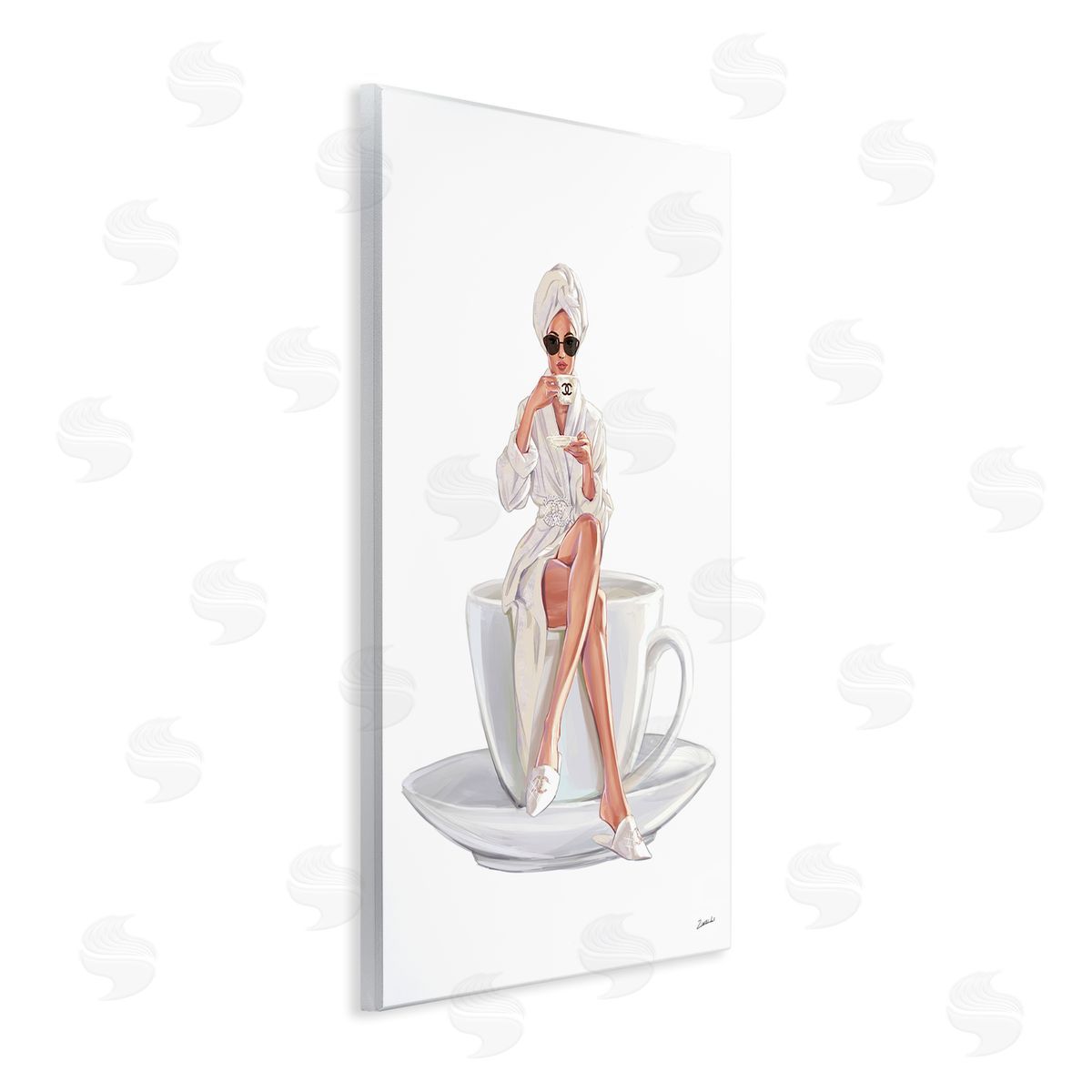 Ziwei Li Chic Woman Robe Coffee Cuper Logo Sunglasses  Wall Plaque Art Print