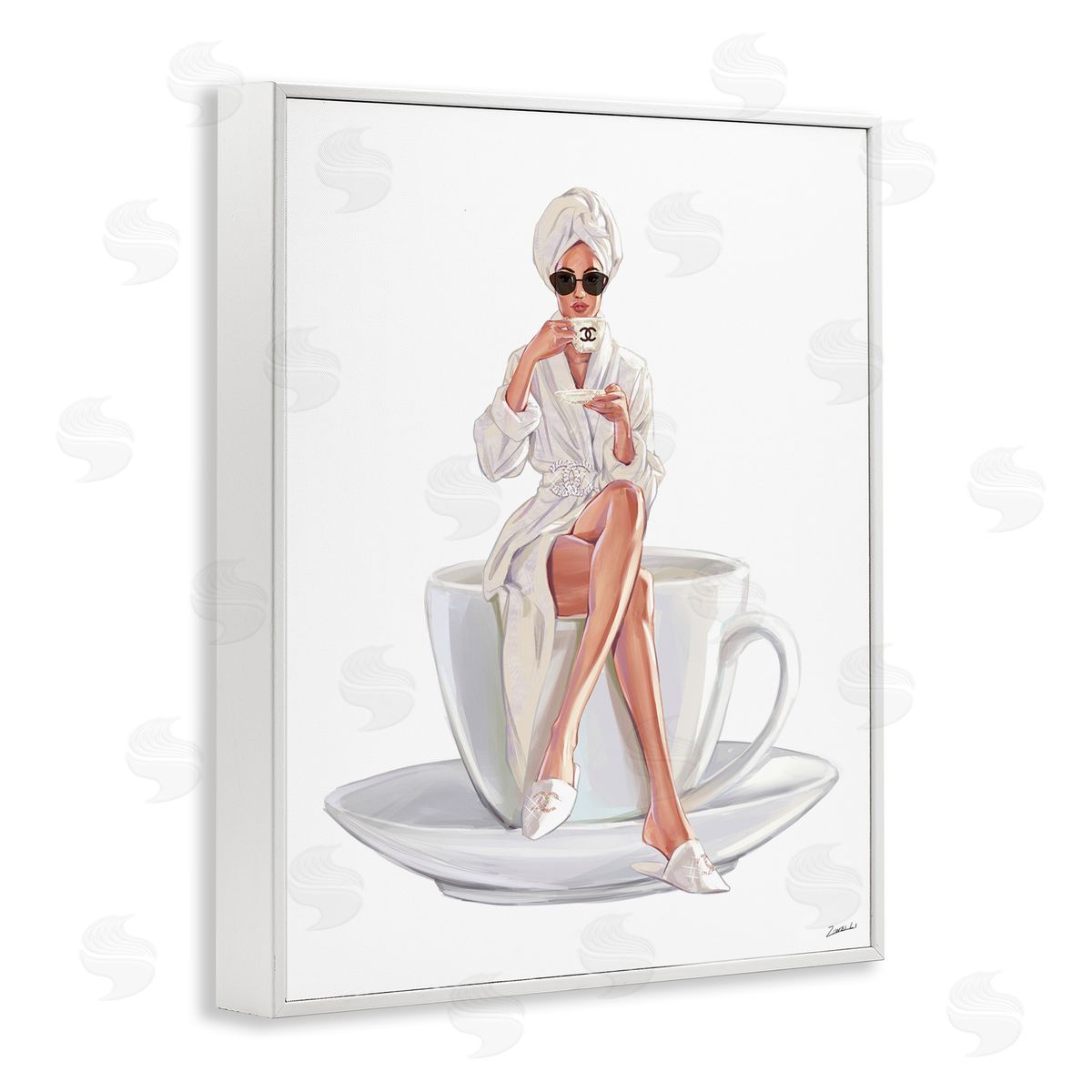 Ziwei Li Chic Woman Robe Coffee Cuper Logo Sunglasses  White Framed Giclee Wall Art Print