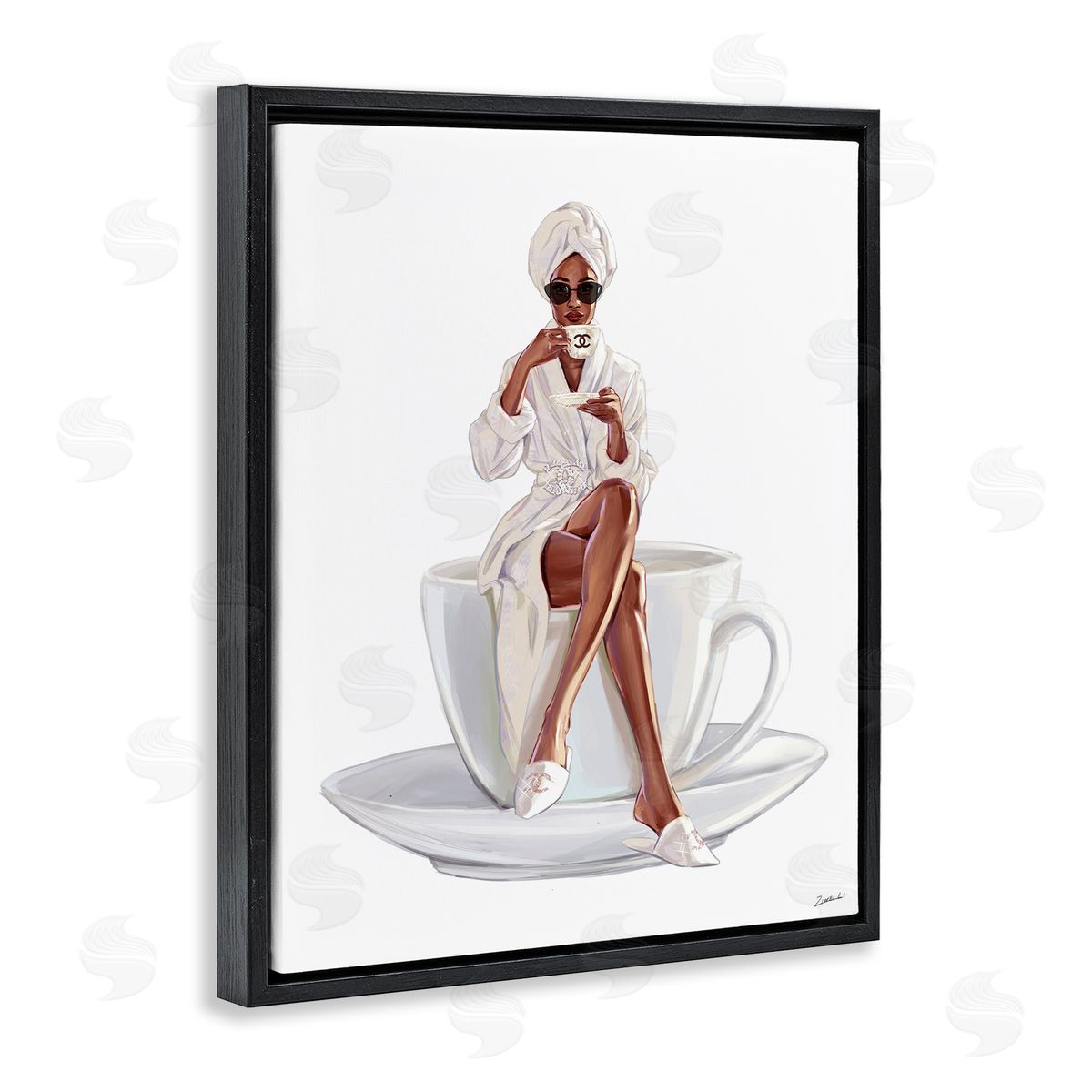 Ziwei Li Chic Coffee Teacup Woman Sipping Robe Sunglasses  Black Floating Frame Canvas Wall Art Print