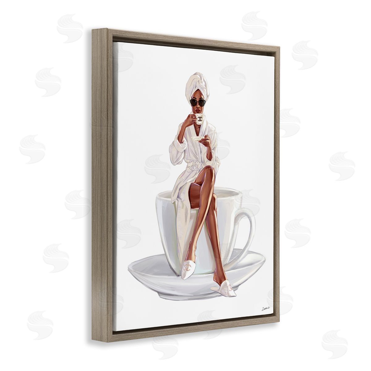 Ziwei Li Chic Coffee Teacup Woman Sipping Robe Sunglasses  Brown Floating Frame Canvas Wall Art Print