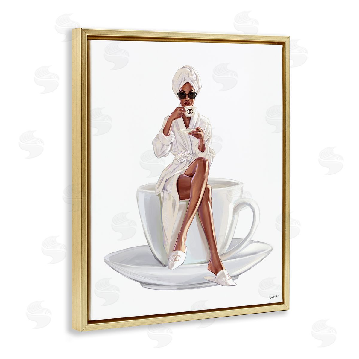 Ziwei Li Chic Coffee Teacup Woman Sipping Robe Sunglasses  Gold Floating Frame Canvas Wall Art Print
