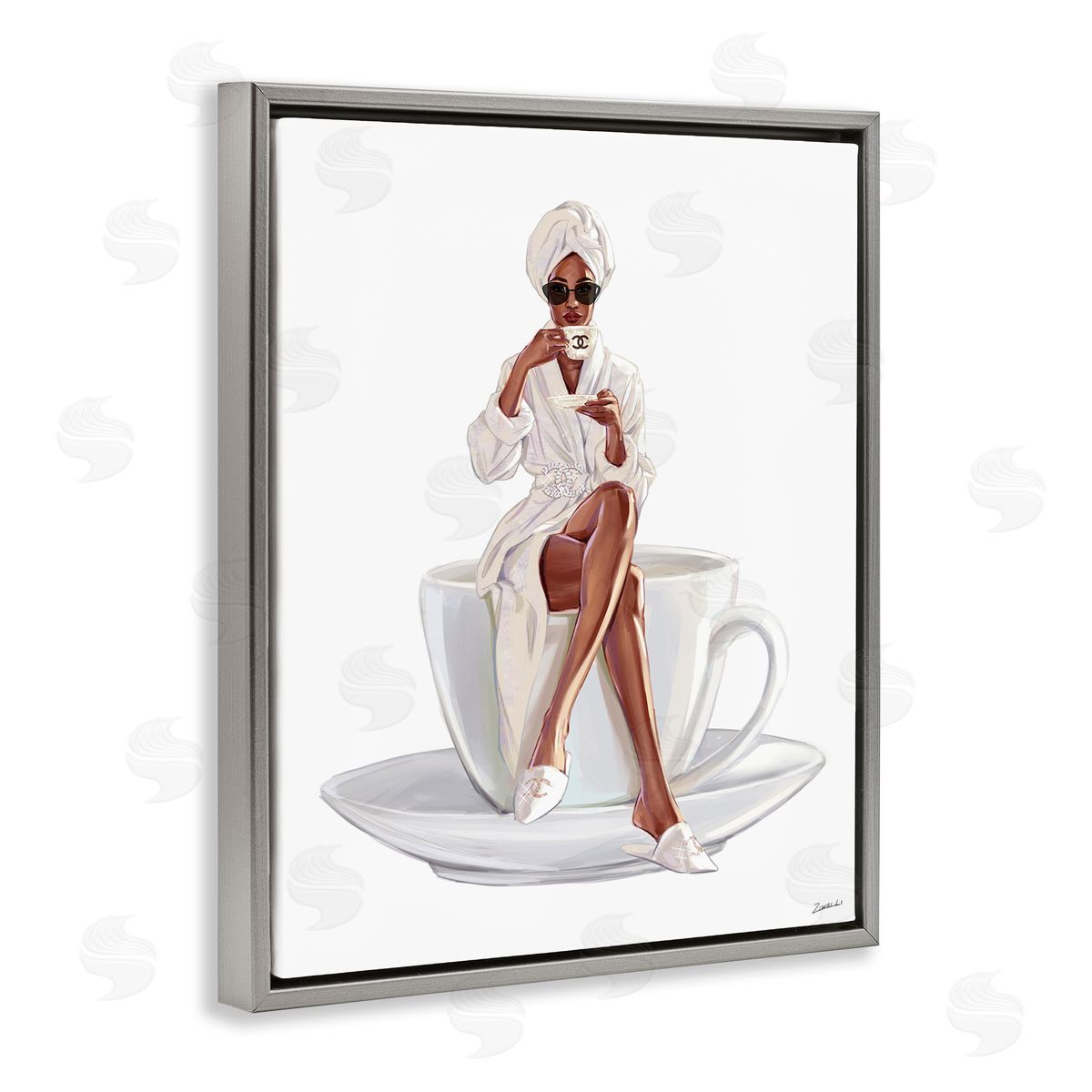 Ziwei Li Chic Coffee Teacup Woman Sipping Robe Sunglasses  Gray Floating Frame Canvas Wall Art Print