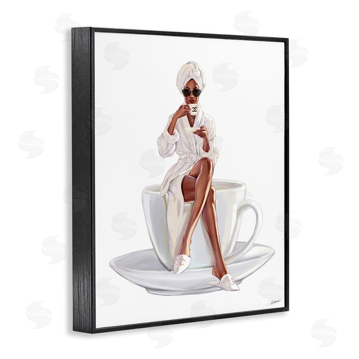 Ziwei Li Chic Coffee Teacup Woman Sipping Robe Sunglasses  Black Framed Giclee Wall Art Print