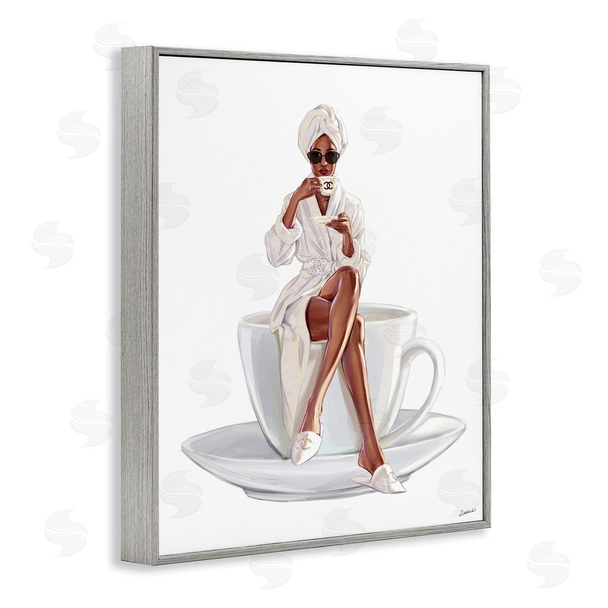 Ziwei Li Chic Coffee Teacup Woman Sipping Robe Sunglasses  Gray Framed Giclee Wall Art Print
