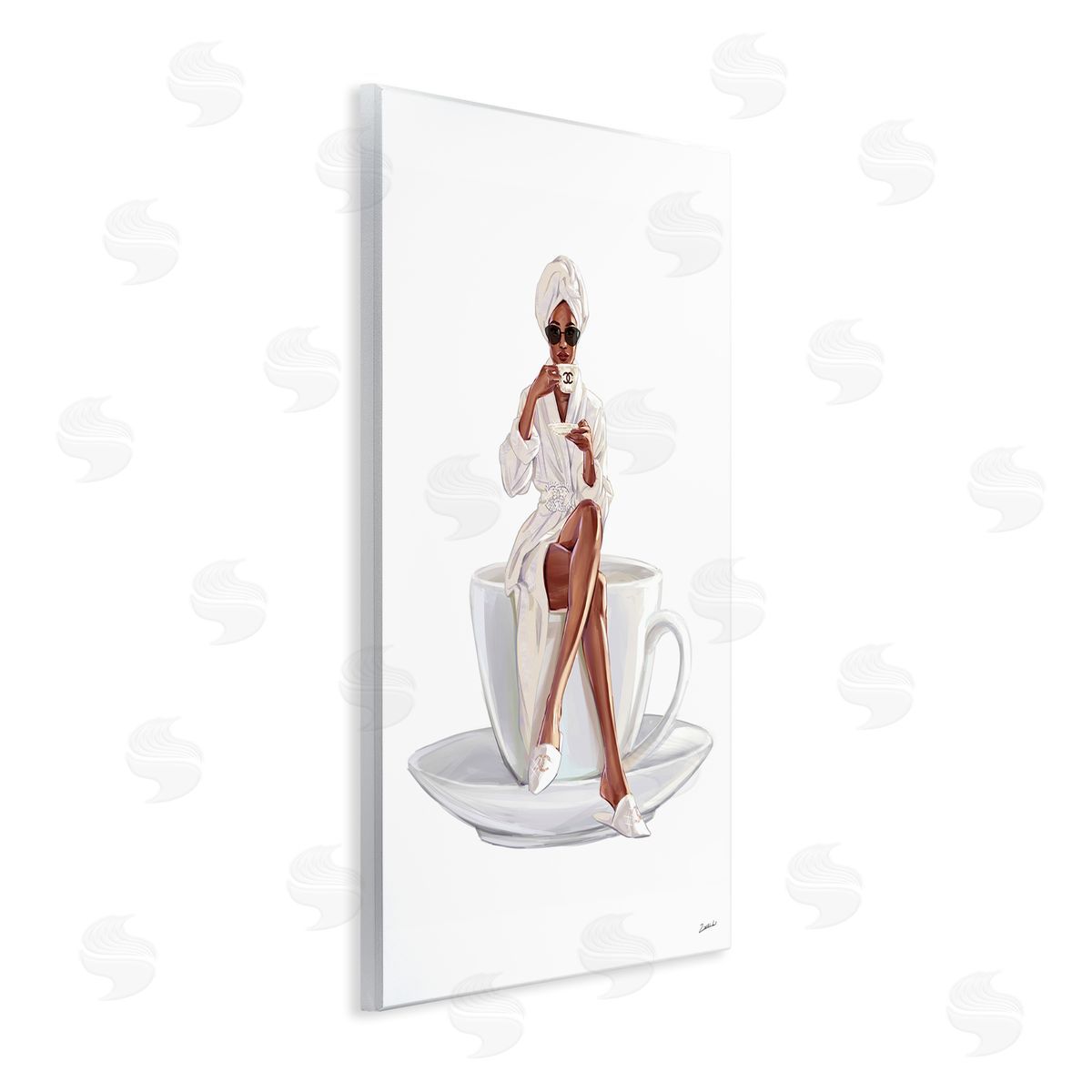 Ziwei Li Chic Coffee Teacup Woman Sipping Robe Sunglasses  Wall Plaque Art Print