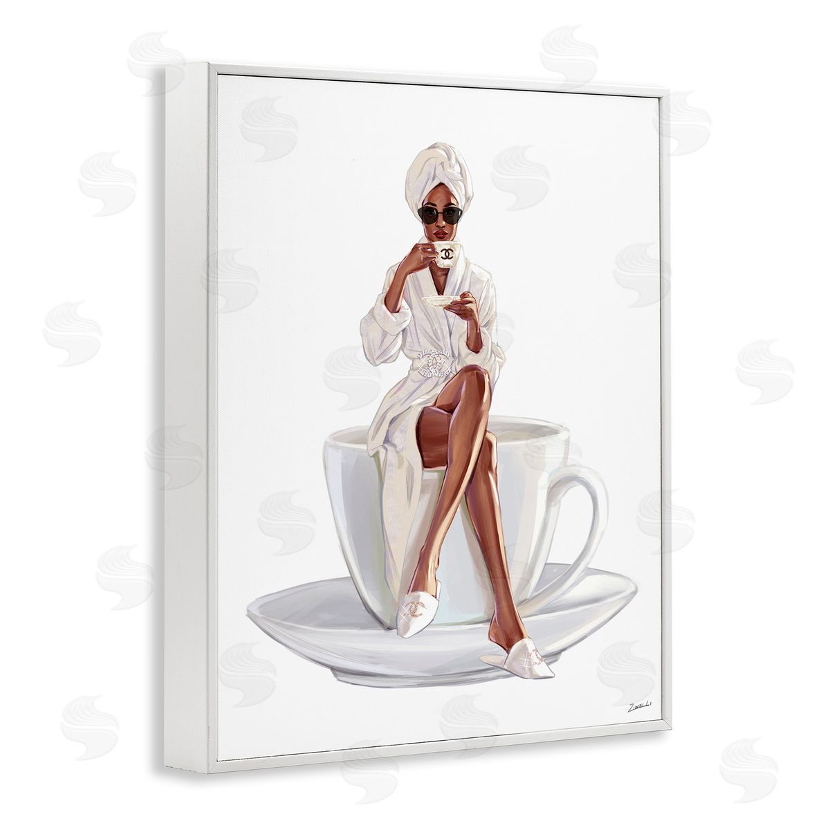 Ziwei Li Chic Coffee Teacup Woman Sipping Robe Sunglasses  White Framed Giclee Wall Art Print