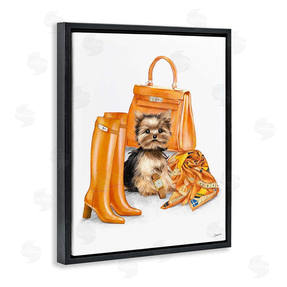 Ziwei Li Orange Yorkie Puppy Dog Fashion Purse Accessories  Black Floating Frame Canvas Wall Art Print