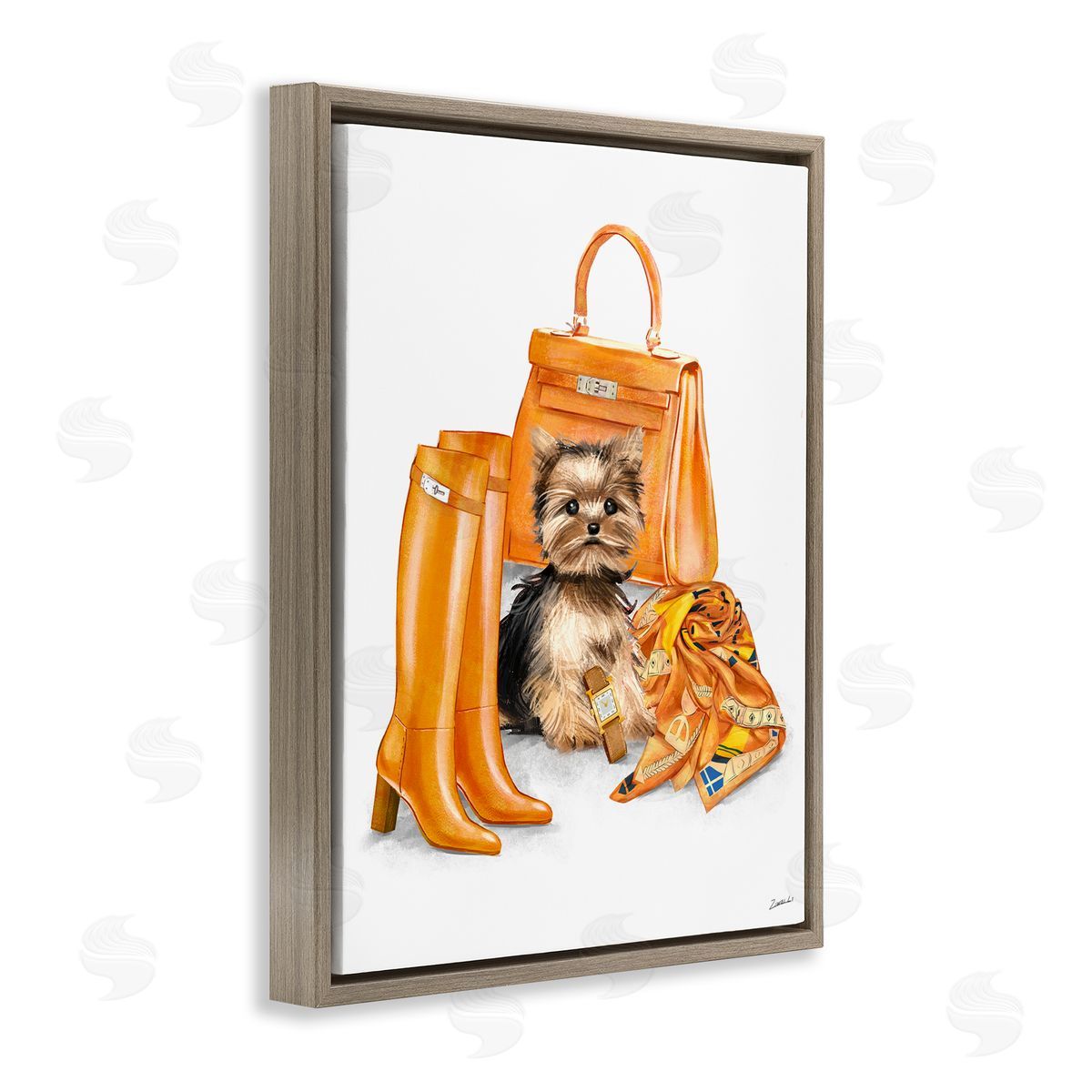 Ziwei Li Orange Yorkie Puppy Dog Fashion Purse Accessories  Brown Floating Frame Canvas Wall Art Print