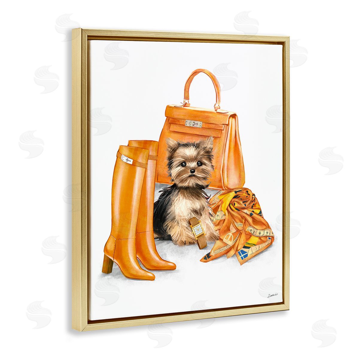 Ziwei Li Orange Yorkie Puppy Dog Fashion Purse Accessories  Gold Floating Frame Canvas Wall Art Print