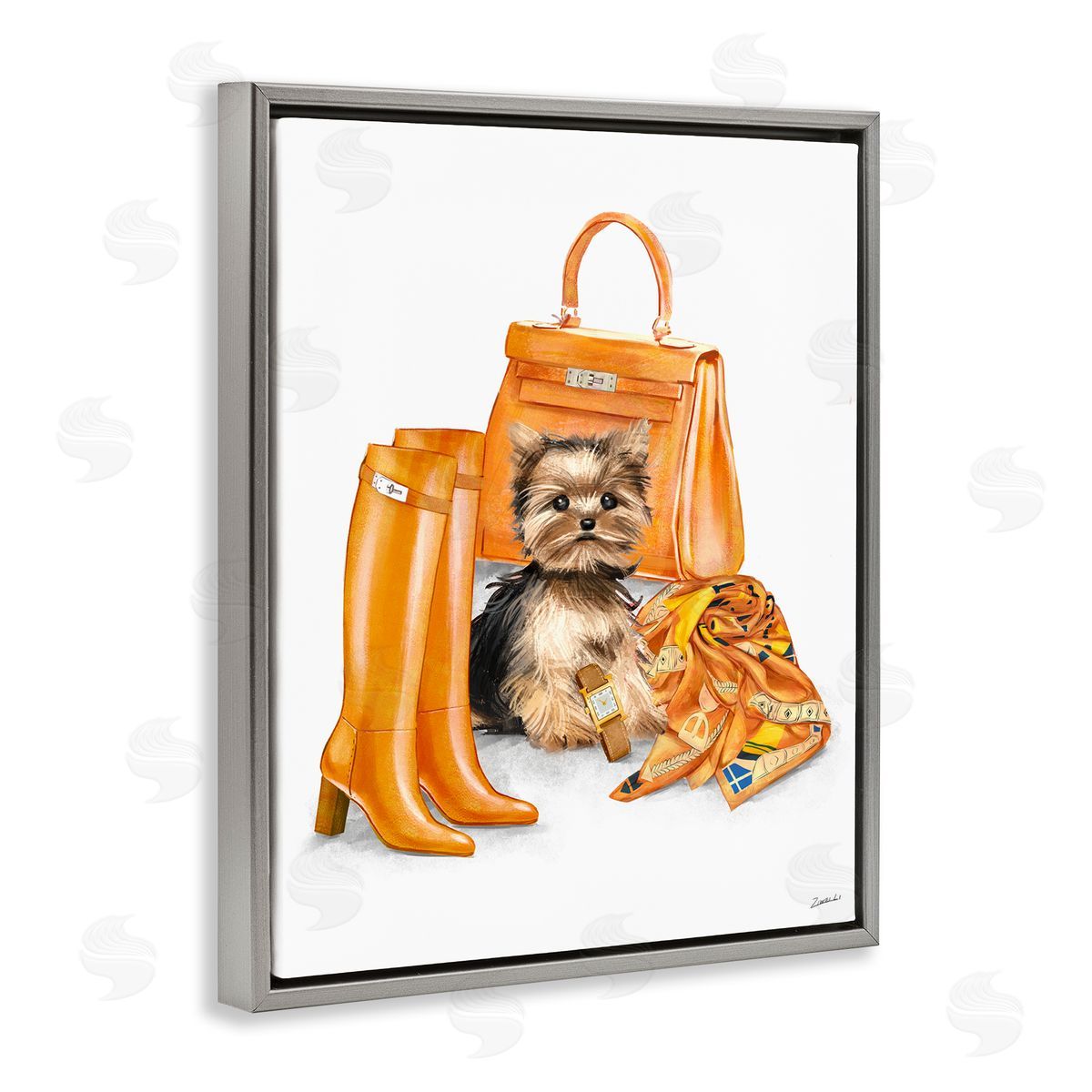 Ziwei Li Orange Yorkie Puppy Dog Fashion Purse Accessories  Gray Floating Frame Canvas Wall Art Print