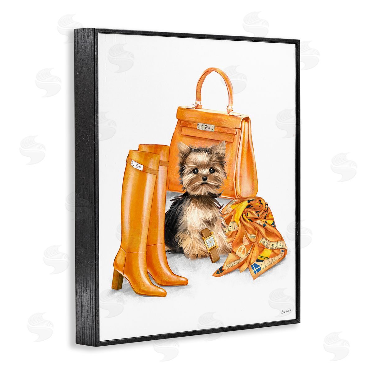 Ziwei Li Orange Yorkie Puppy Dog Fashion Purse Accessories  Black Framed Giclee Wall Art Print