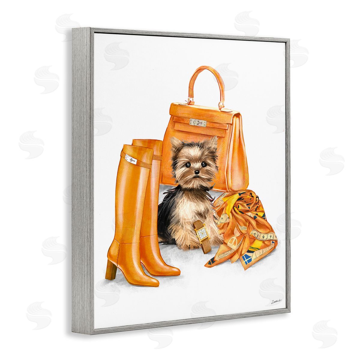 Ziwei Li Orange Yorkie Puppy Dog Fashion Purse Accessories  Gray Framed Giclee Wall Art Print