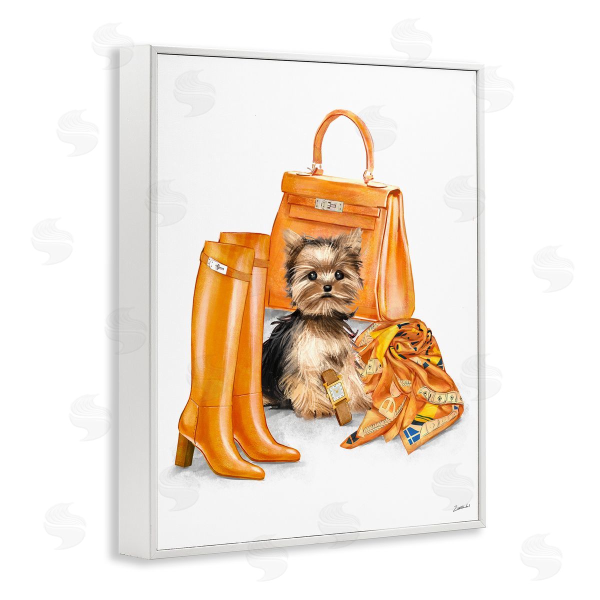 Ziwei Li Orange Yorkie Puppy Dog Fashion Purse Accessories  White Framed Giclee Wall Art Print