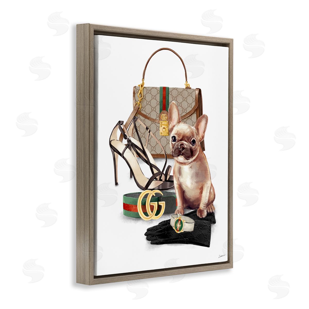 Ziwei Li Stylish Puppy Doger Purse Shoes Accessories  Brown Floating Frame Canvas Wall Art Print