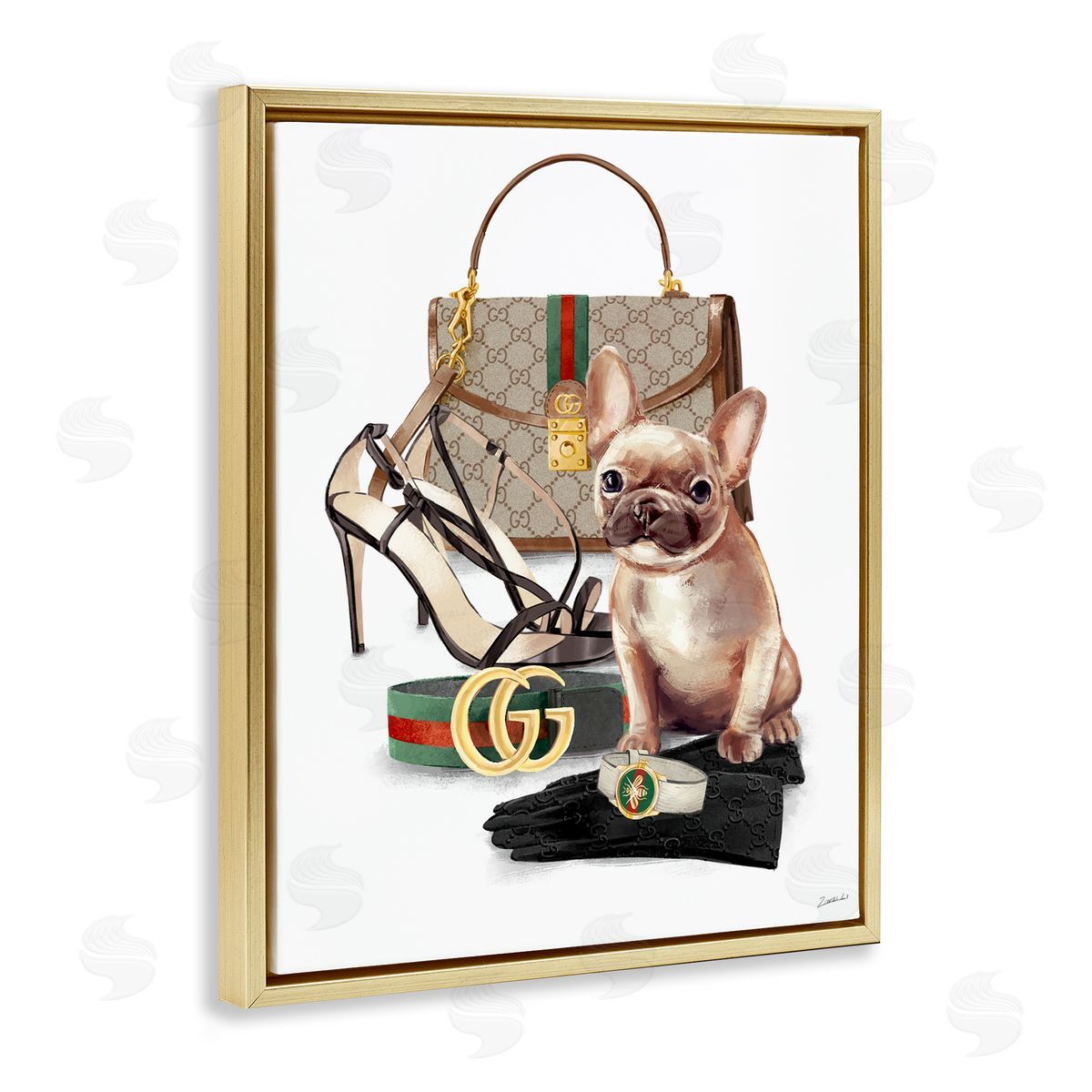 Ziwei Li Stylish Puppy Doger Purse Shoes Accessories  Gold Floating Frame Canvas Wall Art Print