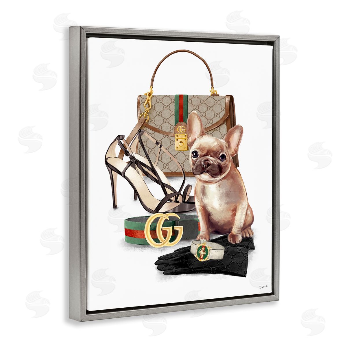 Ziwei Li Stylish Puppy Doger Purse Shoes Accessories  Gray Floating Frame Canvas Wall Art Print