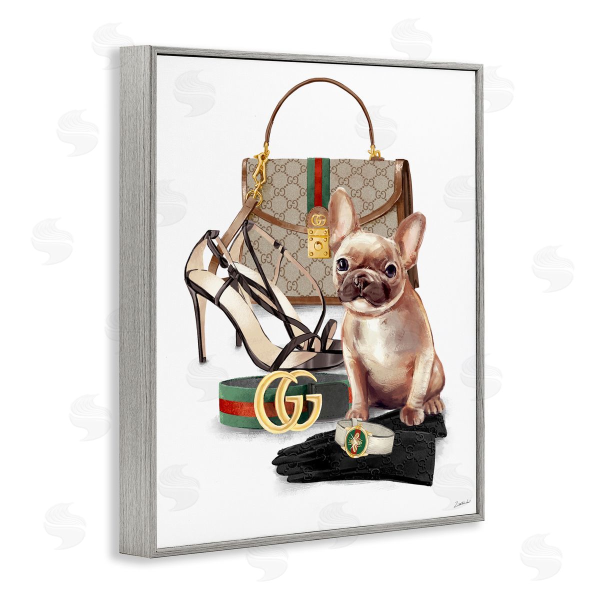 Ziwei Li Stylish Puppy Doger Purse Shoes Accessories  Gray Framed Giclee Wall Art Print