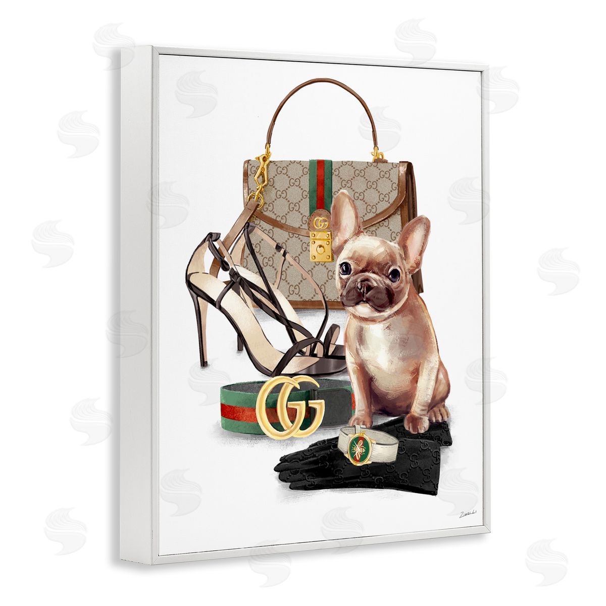 Ziwei Li Stylish Puppy Doger Purse Shoes Accessories  White Framed Giclee Wall Art Print
