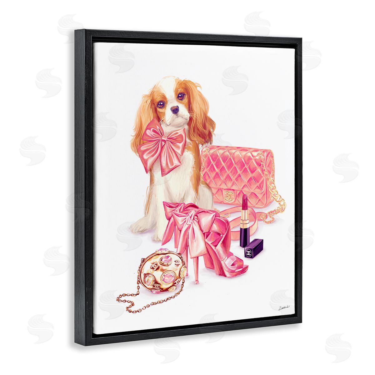 Ziwei Li Upscale Dog Pink Bow Fashion Accessories Makeup  Black Floating Frame Canvas Wall Art Print