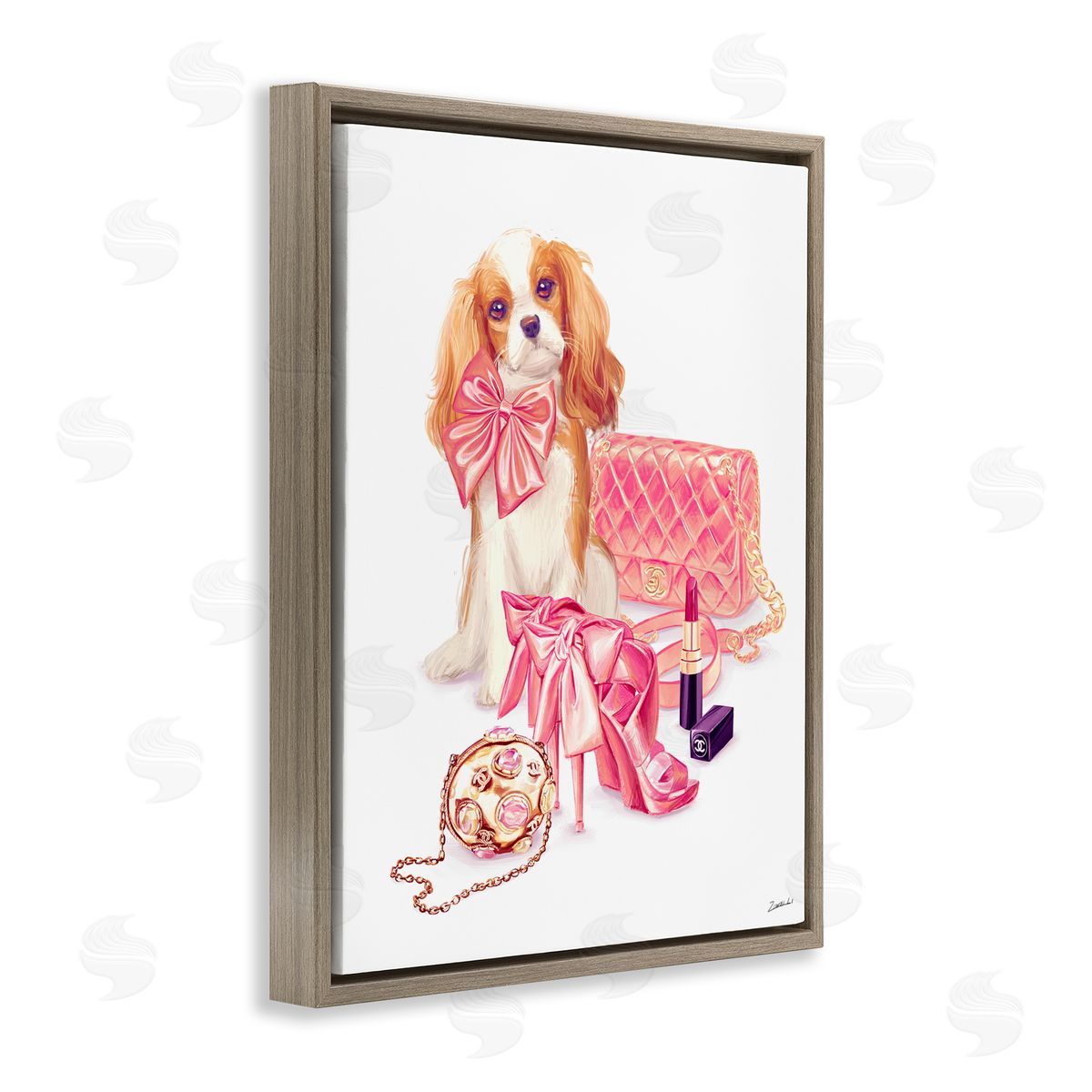 Ziwei Li Upscale Dog Pink Bow Fashion Accessories Makeup  Brown Floating Frame Canvas Wall Art Print