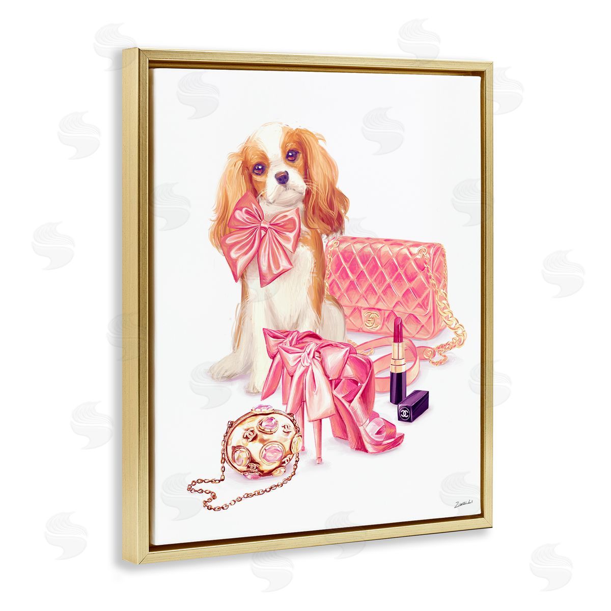 Ziwei Li Upscale Dog Pink Bow Fashion Accessories Makeup  Gold Floating Frame Canvas Wall Art Print