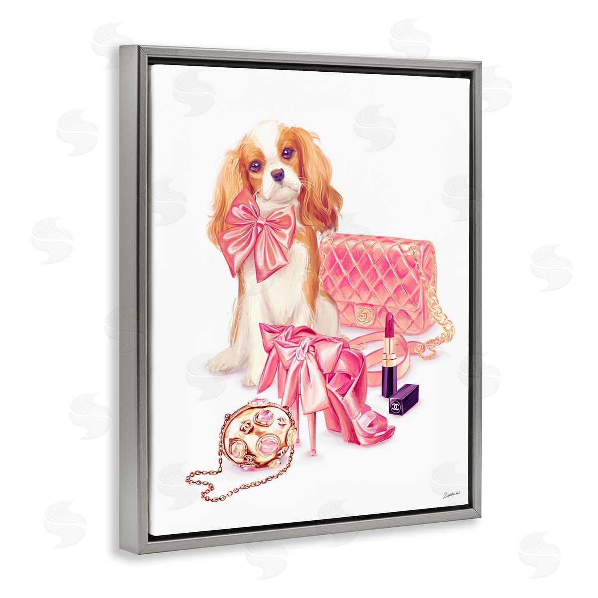 Ziwei Li Upscale Dog Pink Bow Fashion Accessories Makeup  Gray Floating Frame Canvas Wall Art Print